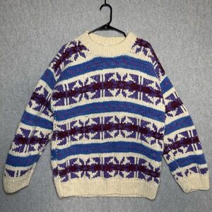 Vintage Country Life 100% Wool Knit Sweater Ivory w Geometric Shapes L/XL Read**